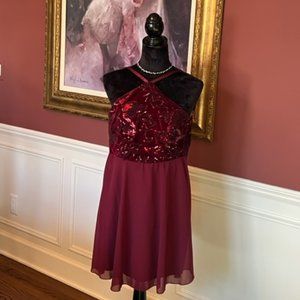 LuLu's Velvet Sequined Top/Tulle Skirt Spaghetti Strap Burgundy Dress
